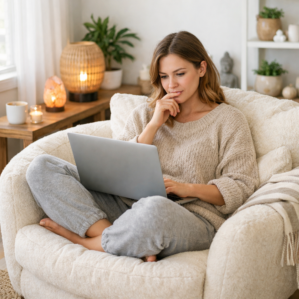 a woman sitting in an oversized comfy chair looking at a laptop in her lap like shes trying to decide on something shes seeing Make the room light and