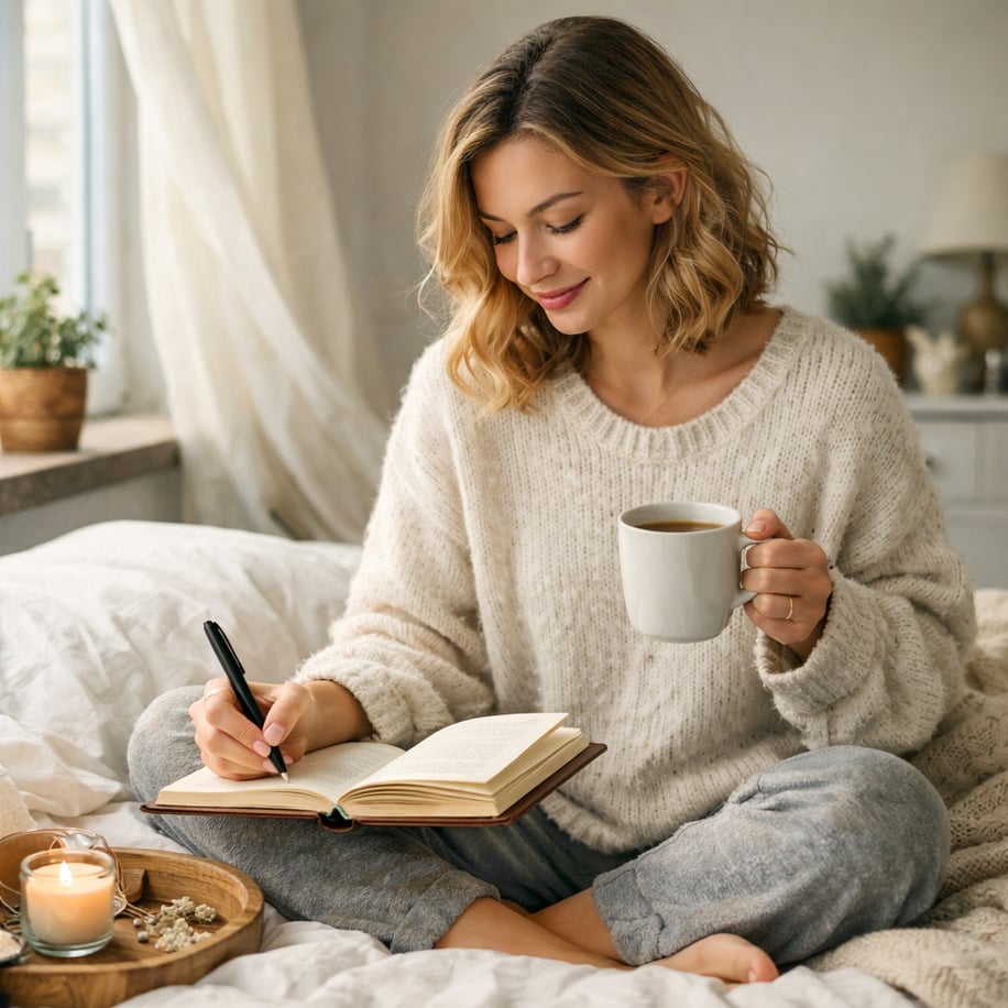 lifestyle image a woman gently starting her morning routine maybe journaling with a cup of coffee or doing yoga lifestyle image a woman gently starting her morning routine maybe journaling with a cup of coffee or doing yoga